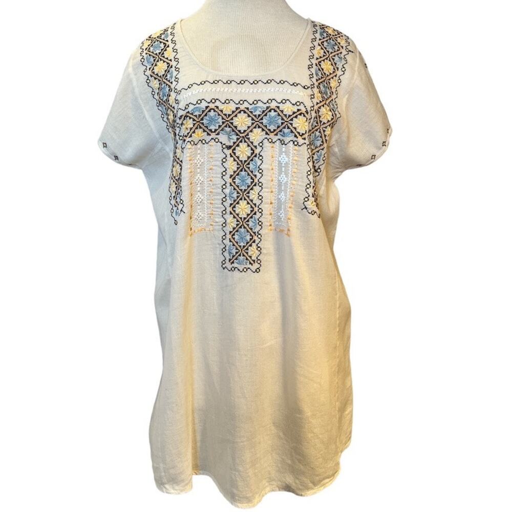 Vintage Lucky Brand Belted Embroidered Tunic Top Shirt Beach Cream Blue Peach